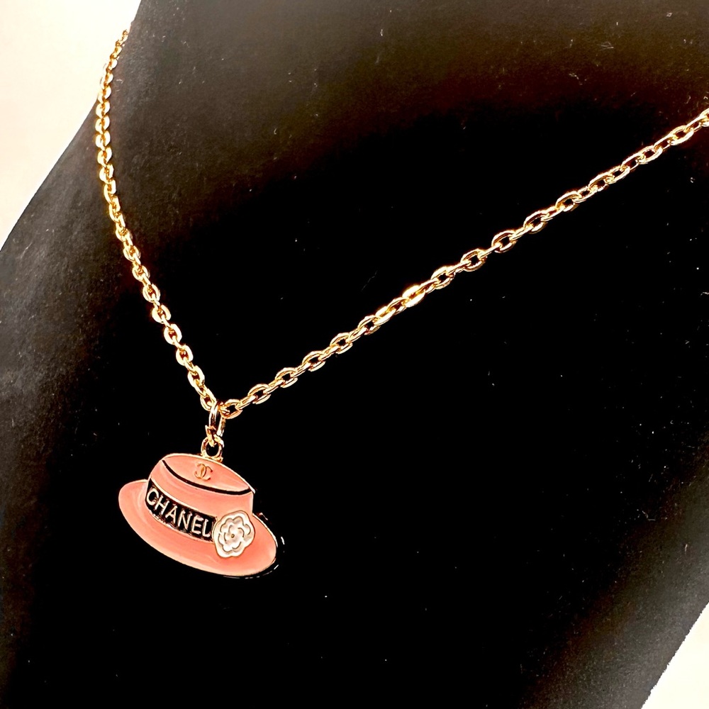 CC Gold and Pink Hat Pendant with Gold Plated Necklace - Picture 2 of 7